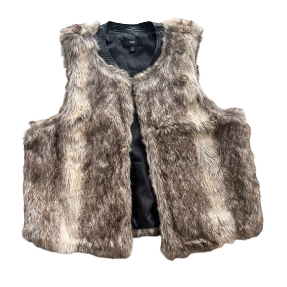 Mossimo Supply Co. Jackets & Blazers - Mossimo Women’s Large Brown Fuzzy Faux Fur Leather Neckline Open Vest #259121669